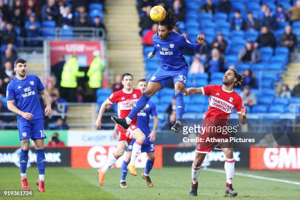 Armand Traore of Cardiff City has the ball as he is marked by Ryan Shotton of Middlesbrough during the Sky Bet Championship match between Cardiff...