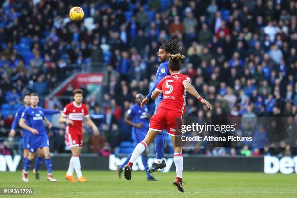 Armand Traore of Cardiff City beats Ryan Shotton of Middlesbrough to the aerial ball during the Sky Bet Championship match between Cardiff City and...