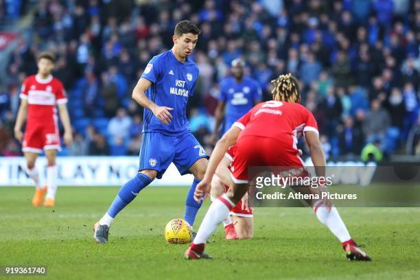 Marko Grujic of Cardiff City is marked by Ryan Shotton of Middlesbrough during the Sky Bet Championship match between Cardiff City and Middlesbrough...