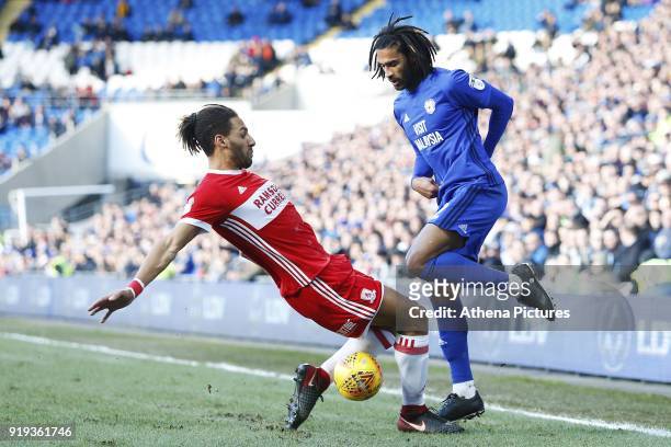Armand Traore of Cardiff City is tackled by Ryan Shotton of Middlesbrough during the Sky Bet Championship match between Cardiff City and...
