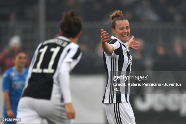 Aurora Galli of Juventus Women celebrates a goal during the match between Juventus Women and Empoli Ladies at Juventus Center Vinovo on February 17,...