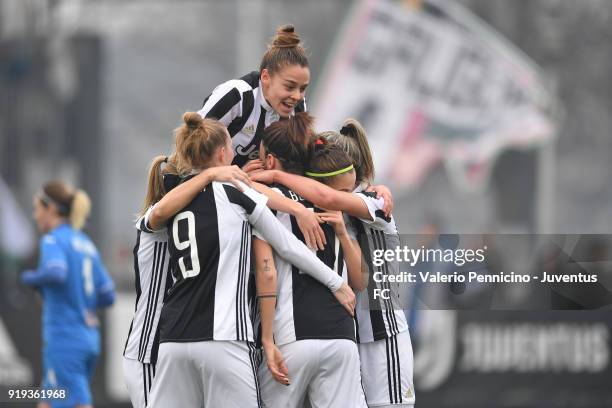 Barbara Bonansea of Juventus Women celebrates after scoring the opening goal with team mates during the match between Juventus Women and Empoli...