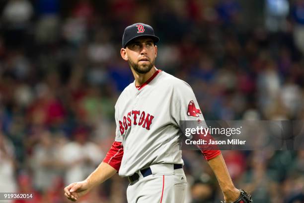 Relief pitcher Matt Barnes of the Boston Red Sox leaves the field during the eighth inning against the Cleveland Indians at Progressive Field on...