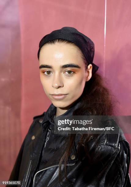 Model backstage ahead of the Halpern show during London Fashion Week February 2018 on February 17, 2018 in London, England.