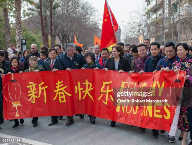 Ada Colau mayor of Barcelona is seen during a parade for the Barcelona celebration of the Chinese Lunar New Year of the Dog on February 17, 2018 in...