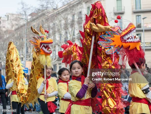 People participate during a parade for the Barcelona celebration of the Chinese Lunar New Year of the Dog on February 17, 2018 in Barcelona, Spain.