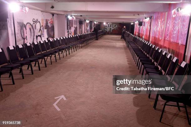 The empty showspace ahead of the Halpern show during London Fashion Week February 2018 on February 17, 2018 in London, England.