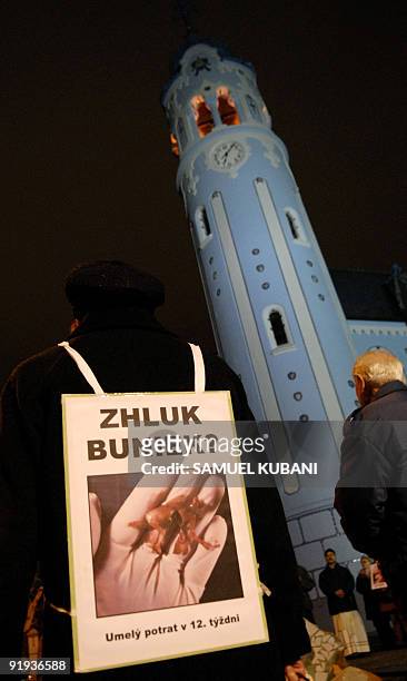 Catholics march with candles and posters with a picture of 11 week human aborted foetus in a human hand near the stone monument for unborn children...