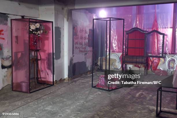 The empty showspace ahead of the Halpern show during London Fashion Week February 2018 on February 17, 2018 in London, England.