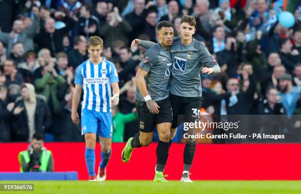 Coventry City's Jonson Clarke-Harris celebrates scoring his side's first goal of the game during the Emirates FA Cup, Fifth Round match at The AMEX...