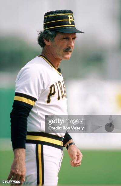Manager Jim Leyland of the Pittsburgh Pirates looks on during a major league baseball spring training game in Bradenton, Florida prior to the 1986...