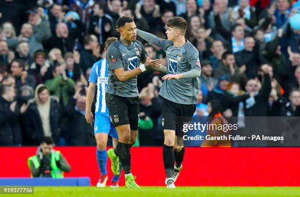 Coventry City's Jonson Clarke-Harris celebrates scoring his side's first goal of the game during the Emirates FA Cup, Fifth Round match at The AMEX...