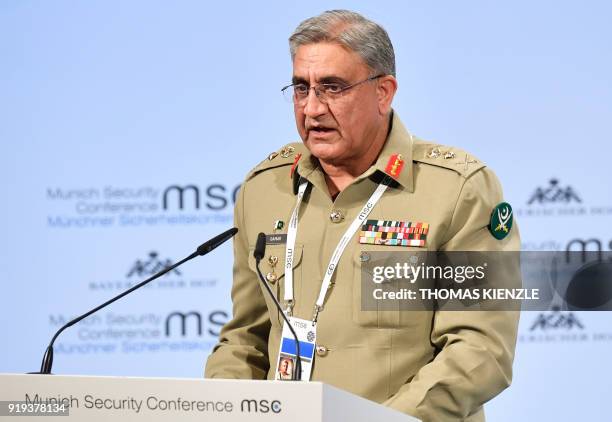 Pakistan's Chief of Army Staff Qamar Javed Bajwa gives his speech on day two of the 54th Munich Security Conference in Munich, southern Germany, on...