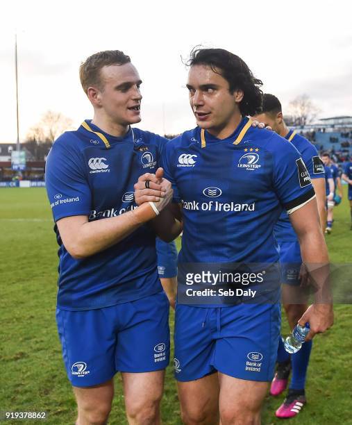 Dublin , Ireland - 17 February 2018; Nick McCarthy, left, and James Lowe of Leinster following their side's victory during the Guinness PRO14 Round...