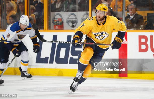 Yannick Weber of the Nashville Predators skates against the St. Louis Blues during an NHL game at Bridgestone Arena on February 13, 2018 in...