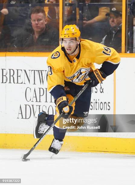 Calle Jarnkrok of the Nashville Predators skates against the St. Louis Blues during an NHL game at Bridgestone Arena on February 13, 2018 in...