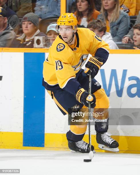 Calle Jarnkrok of the Nashville Predators skates against the St. Louis Blues during an NHL game at Bridgestone Arena on February 13, 2018 in...