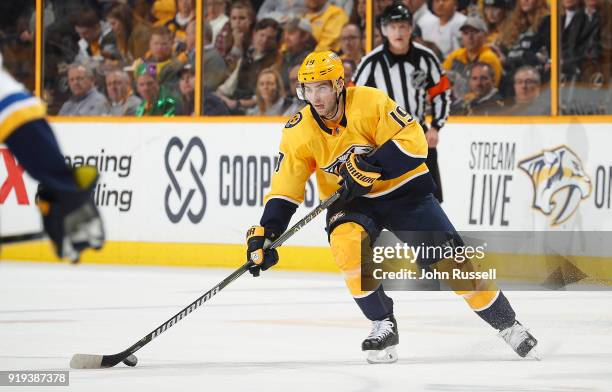 Calle Jarnkrok of the Nashville Predators skates against the St. Louis Blues during an NHL game at Bridgestone Arena on February 13, 2018 in...