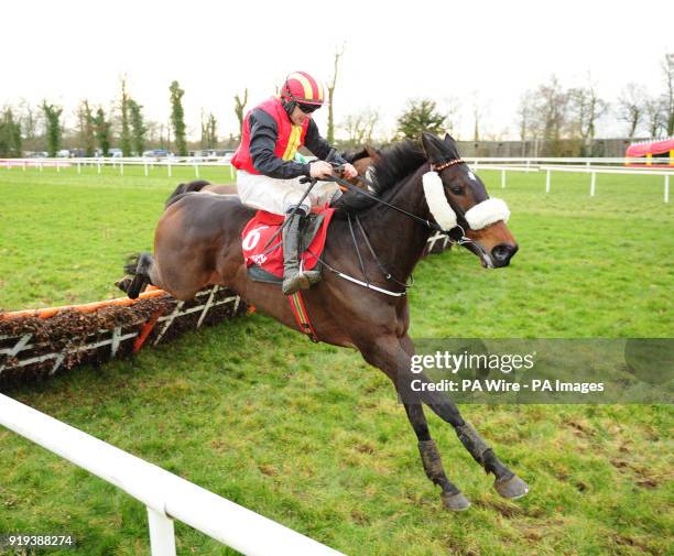 Laid Back Luke and Robbie Colgan jump the last to win The Live Music After Racing Handicap Hurdle during Red Mills Raceday at Gowran Park Racecourse.