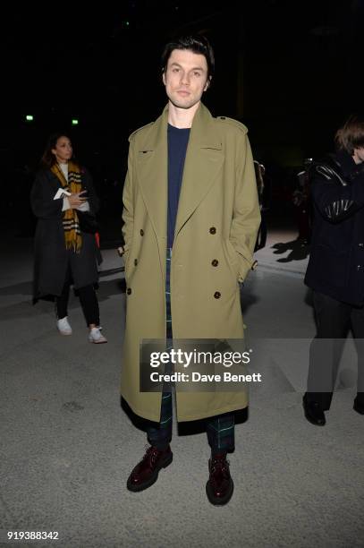 Singer James Bay wearing Burberry at the Burberry February 2018 show during London Fashion Week at Dimco Buildings on February 17, 2018 in London,...