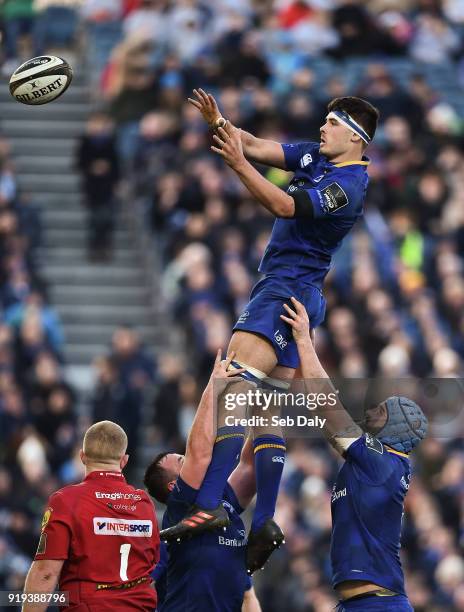 Dublin , Ireland - 17 February 2018; Max Deegan of Leinster wins a line-out during the Guinness PRO14 Round 15 match between Leinster and Scarlets at...