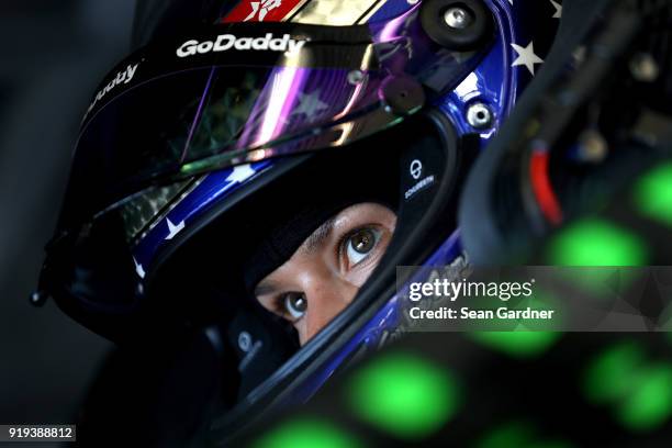 Danica Patrick, driver of the GoDaddy Chevrolet, sits in her car during practice for the Monster Energy NASCAR Cup Series Daytona 500 at Daytona...