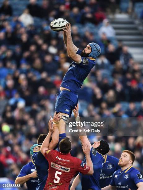 Dublin , Ireland - 17 February 2018; Scott Fardy of Leinster wins a line-out during the Guinness PRO14 Round 15 match between Leinster and Scarlets...