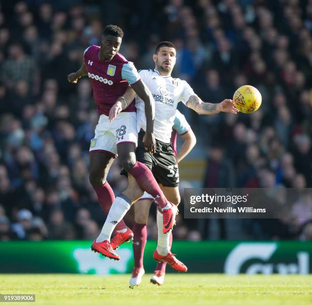 Axel Tuanzebe of Aston Villa during the Sky Bet Championship match between Fulham and Aston Villa at Craven Cottage on February 17, 2018 in London,...