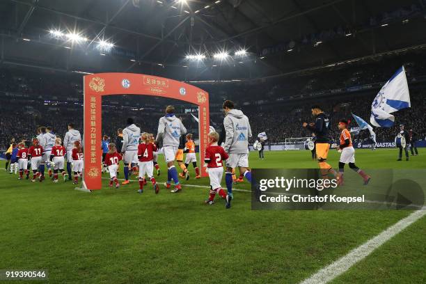 Players of Schalke and Hoffenheim enter the pitch through a Chinese New Year display, before the Bundesliga match between FC Schalke 04 and TSG 1899...