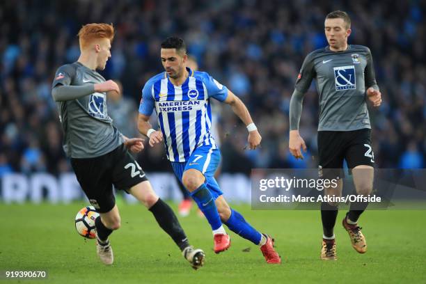 Beram Kayal of Brighton and Hove Albion in action with Jordan Shipley and Ryan Haynes of Coventry City during the FA Cup Fifth Round match between...