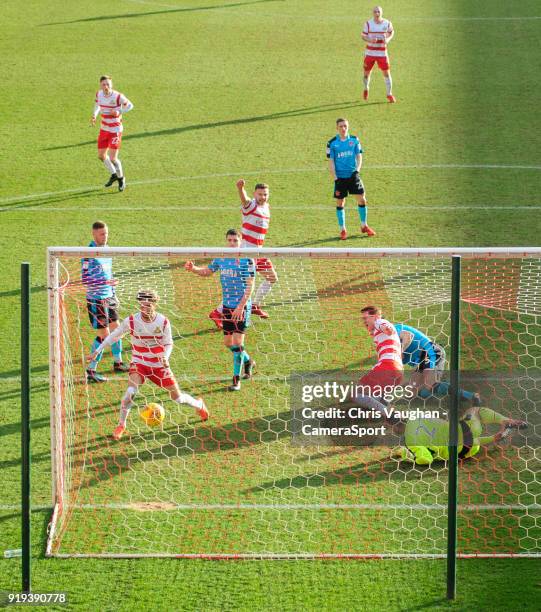 Doncaster Rovers' Tommy Rowe scores his sides second goal during the Sky Bet League One match between Doncaster Rovers and Fleetwood Town at Keepmoat...