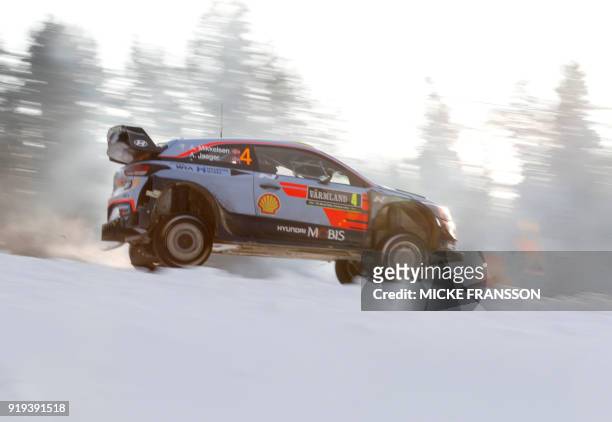 Andreas Mikkelsen of Norway drives his Hyundai i20 Coupe WRC during day three of the Rally Sweden 2018 as part of the World Rally Championship in...