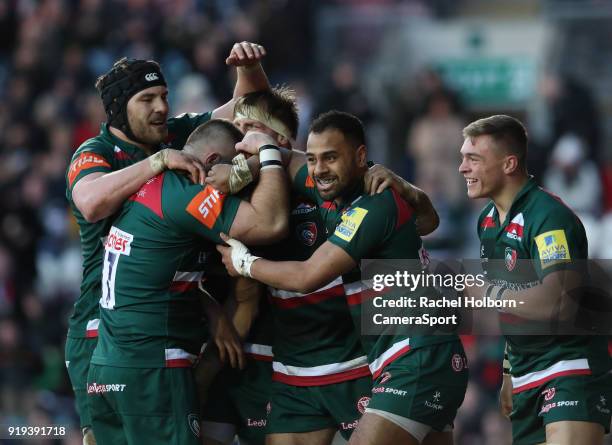 Leicester Tigers Adam Thompstone celebrates scoring his sides final try of the game during the Aviva Premiership match between Leicester Tigers and...