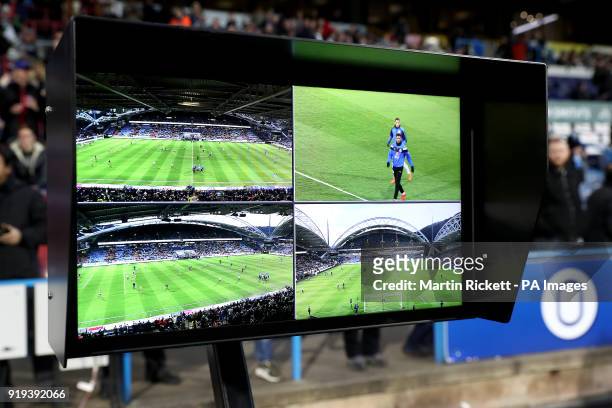 The VAR Video Assistant Referee screens before the Emirates FA Cup, Fifth Round match at The John Smith's Stadium, Huddersfield.