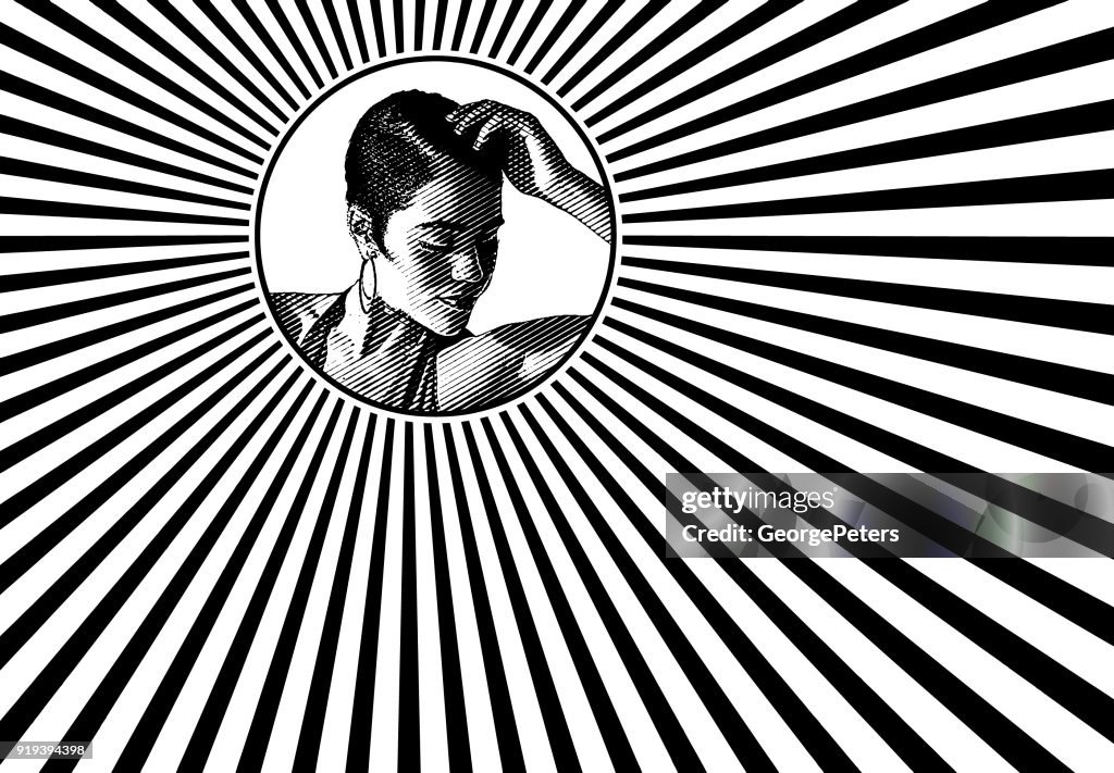 Mixed race woman and psychedelic pattern