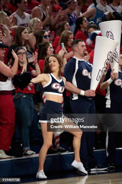 Cheerleaders for the Gonzaga Bulldogs perform during the game against the BYU Cougars at McCarthey Athletic Center on February 3, 2018 in Spokane,...