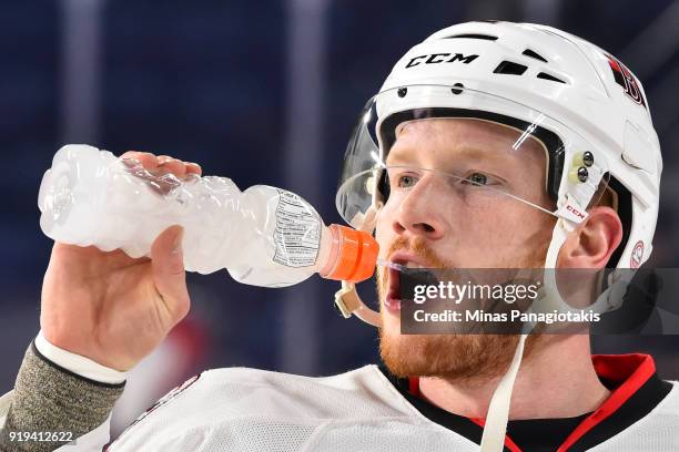 Jack Rodewald of the Belleville Senators takes a break during the warm-up against the Laval Rocket prior to the AHL game at Place Bell on February...