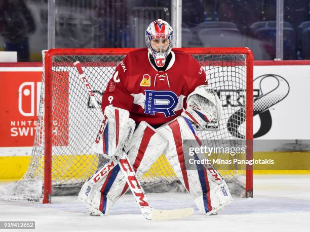 Zachary Fucale of the Laval Rocket gets into position during the warm-up against the Belleville Senators prior to the AHL game at Place Bell on...