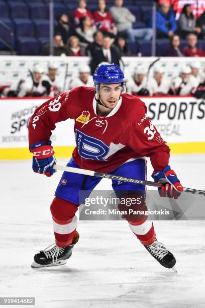 Jordan Boucher of the Laval Rocket skates against the Belleville Senators during the AHL game at Place Bell on February 14, 2018 in Laval, Quebec,...