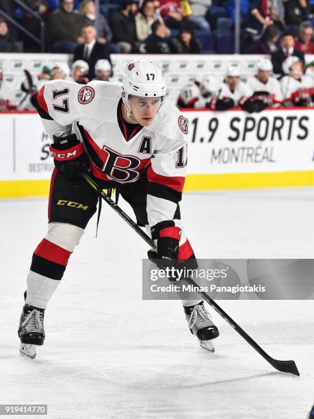 Max McCormick of the Belleville Senators looks on prior to a face-off against the Laval Rocket during the AHL game at Place Bell on February 14, 2018...