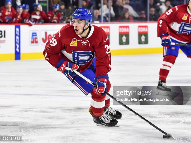 Jordan Boucher of the Laval Rocket skates the puck against the Belleville Senators during the AHL game at Place Bell on February 14, 2018 in Laval,...