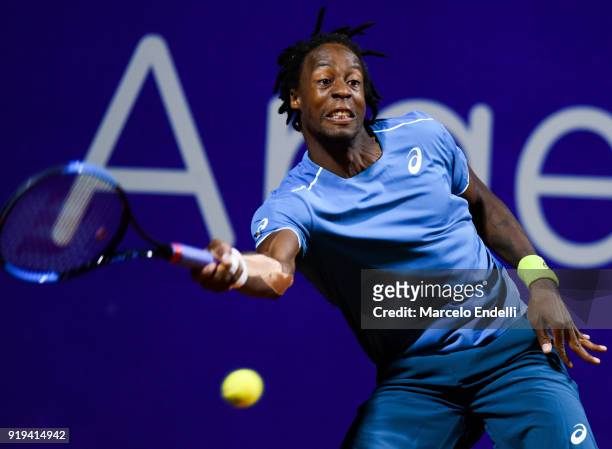 Gael Monfils of France takes a forehand shot during a second round match between Dusan Lajovic of Serbia and Gael Monfils of France as part of ATP...