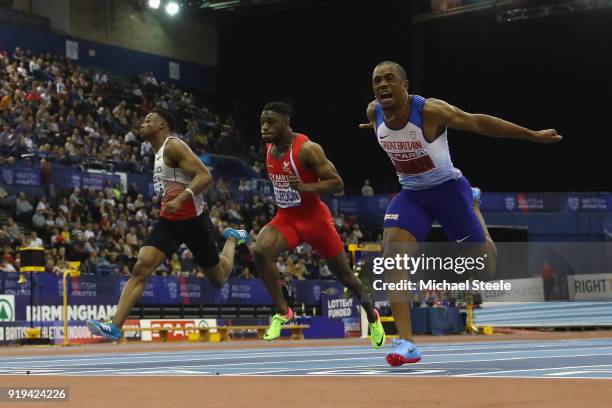 Chijindu Ujah of Enfield and Haringey Harriers wins the men's 60m final during day one of the SPAR British Athletics Indoor Championships at Arena...