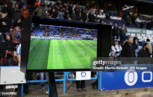 The VAR Video Assistant Referee screens before the Emirates FA Cup, Fifth Round match at The John Smith's Stadium, Huddersfield.