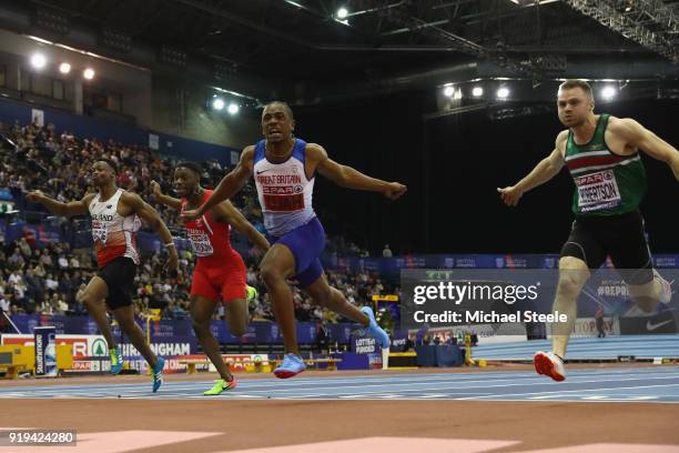 Chijindu Ujah of Enfield and Haringey Harriers wins the men's 60m final during day one of the SPAR British Athletics Indoor Championships at Arena...