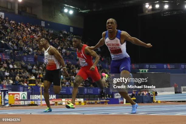 Chijindu Ujah of Enfield and Haringey Harriers wins the men's 60m final during day one of the SPAR British Athletics Indoor Championships at Arena...