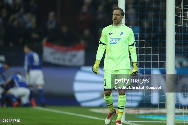 Oliver Baumann of Hoffenheim looks dejected after Thilo Kehrer of Schalke scored a goal to make it 1:0 during the Bundesliga match between FC Schalke...