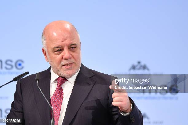 Haider Al-Abadi, Prime Minister of Iraq delivers a speech at the 2018 Munich Security Conference on February 17, 2018 in Munich, Germany. The annual...