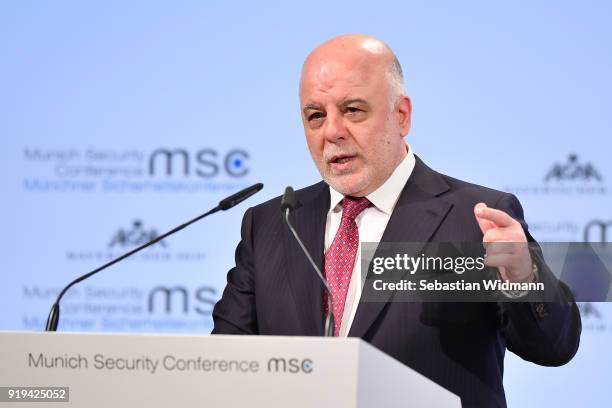 Haider Al-Abadi, Prime Minister of Iraq delivers a speech at the 2018 Munich Security Conference on February 17, 2018 in Munich, Germany. The annual...