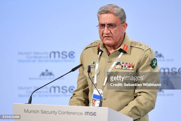 Pakistan's Chief of Army Staff Qamar Javed Bajwa delivers a speech at the 2018 Munich Security Conference on February 17, 2018 in Munich, Germany....